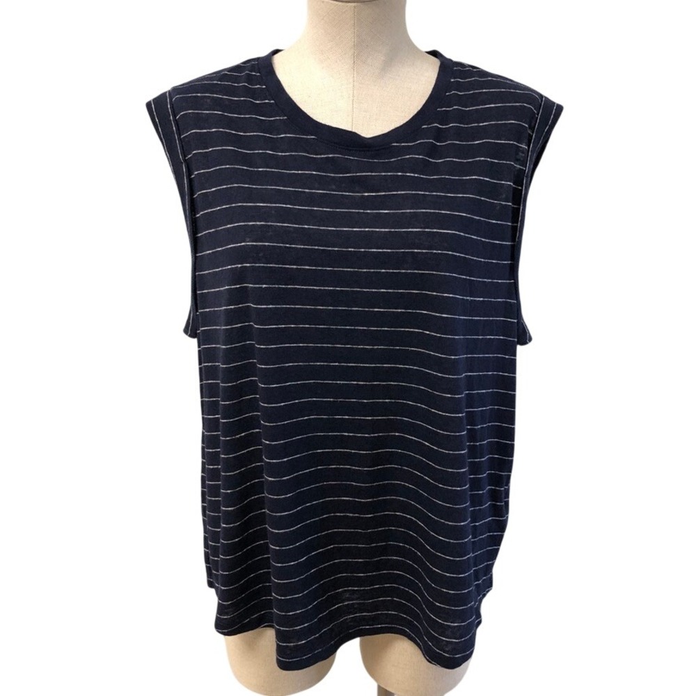 GAP Linen Blend Tank Top Womens XL Navy Blue White Striped Sleeveless Muscle Tee